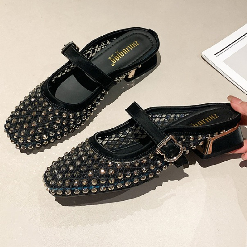 Mule Slip On - Zapatillas de tacón grueso con diamantes