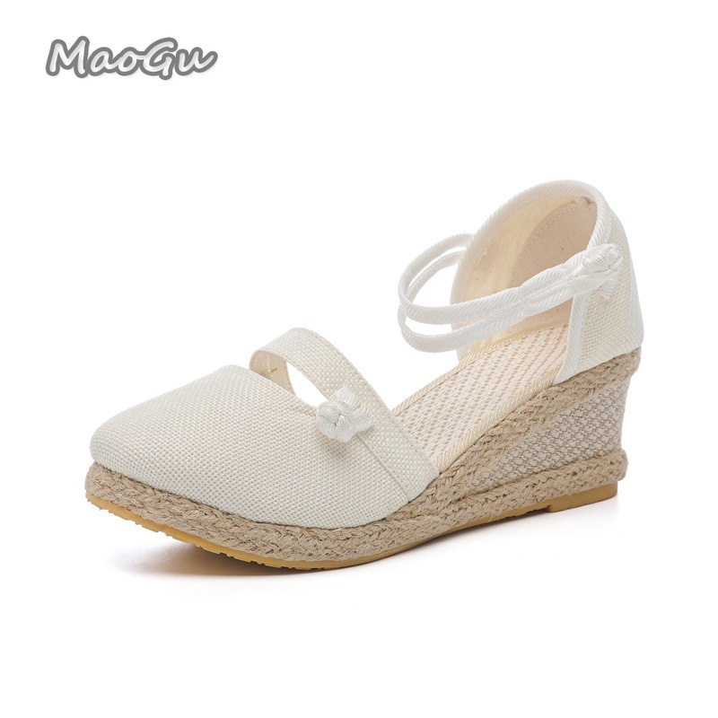 Espadrille Wedge Shoes - Sandalias de cuña de lino para